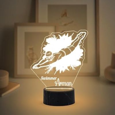 3D Illusion Swimmer Sport Night Lamp with Warm White Light Customized with Name Birthday Gift for Friend, Sport Player, Swimming Champion